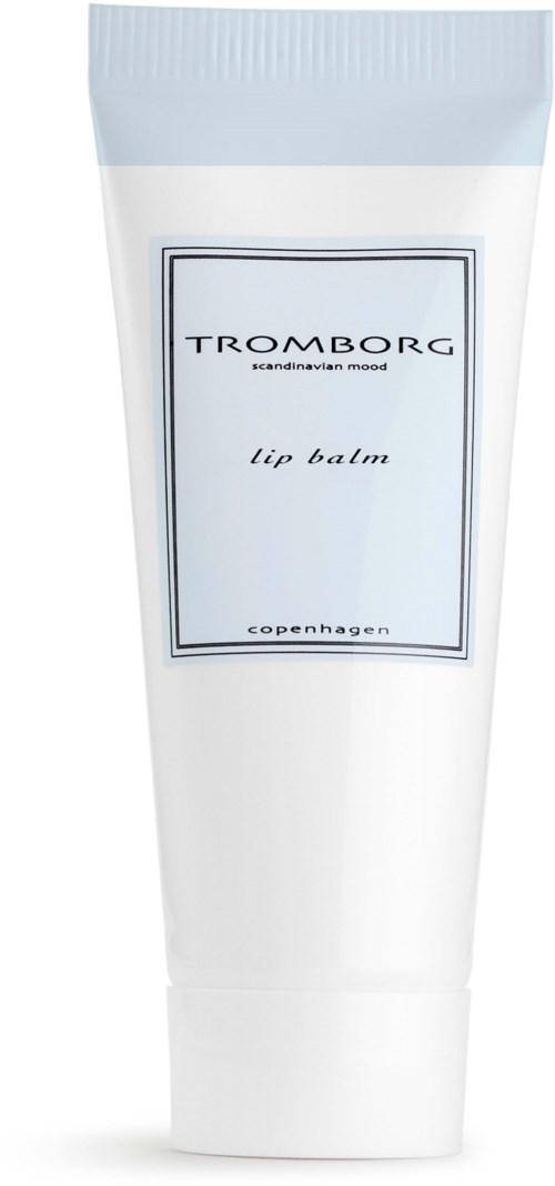 En hvit tube med etiket med teksten 'Tromborg lip balm' og 'Copenhagen.'