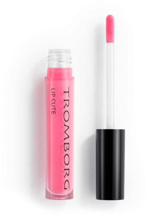 Pink lip gloss tube with a white and pink applicator wand beside it.