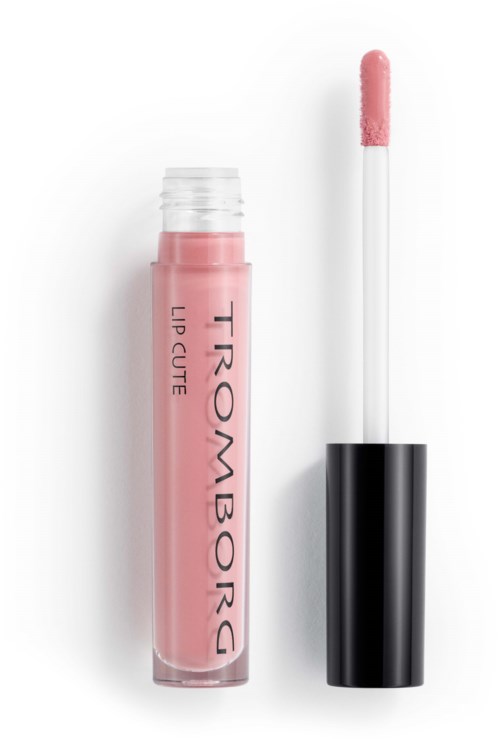 Pink lip gloss in a clear tube with a black and silver applicator wand.