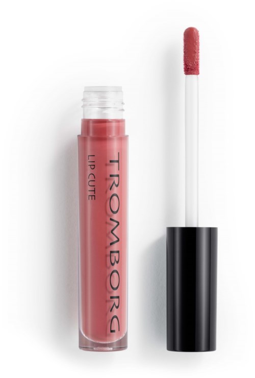 Lip gloss tube with pink color and an applicator wand outside. Simple and clean design.