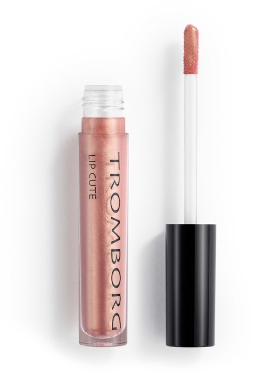 Lippen Gloss in durchsichtigem Behälter mit schwarzem Deckel und Applikator.