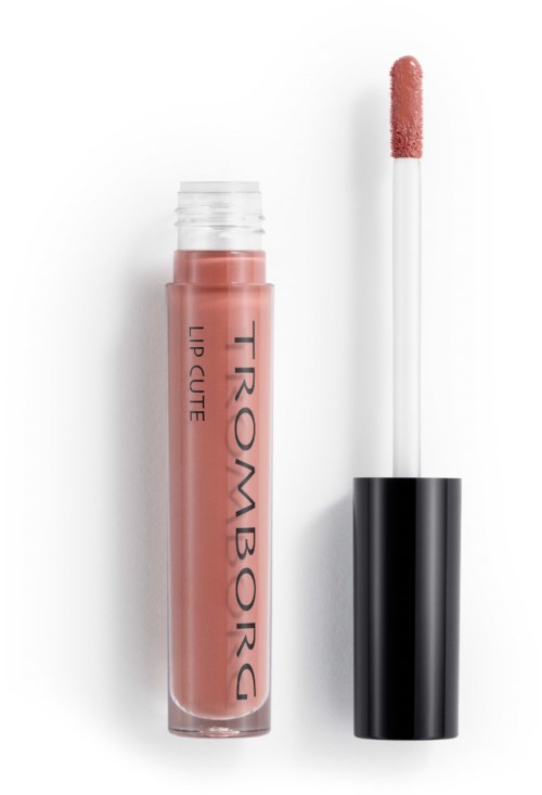 A lip gloss tube labeled 'TROMBORG Lip Cute' with a pink shade and a clear applicator attached.