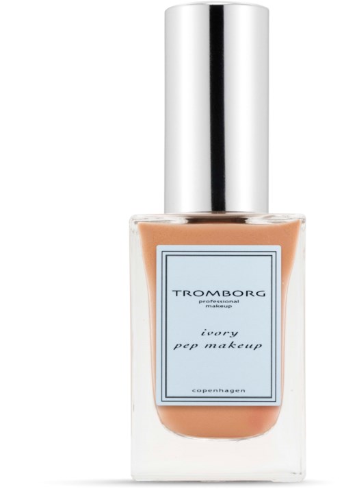 Neglelakflaske med sølvhætte, lyse ferskenfarvet, og en hvid etiket med teksten "Tromborg" og "ivory pep makeup."