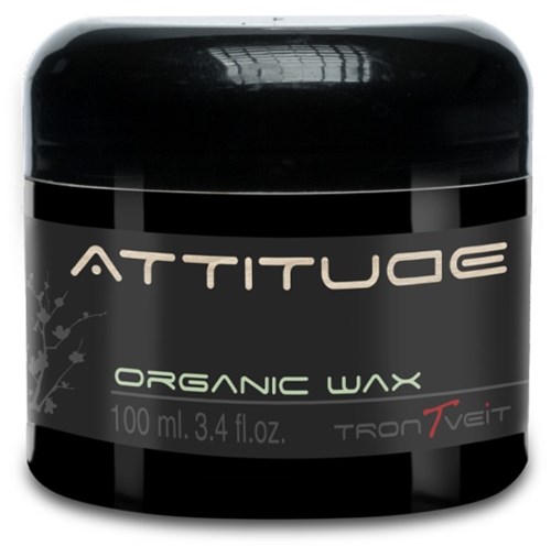 En svart behållare av Attitude Organic Wax, 100 ml, med en modern etikettdesign.
