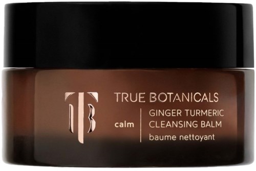 Słoik Calm Ginger Turmeric Cleansing Balm od True Botanicals z czarną pokrywką i brązowym pojemnikiem.