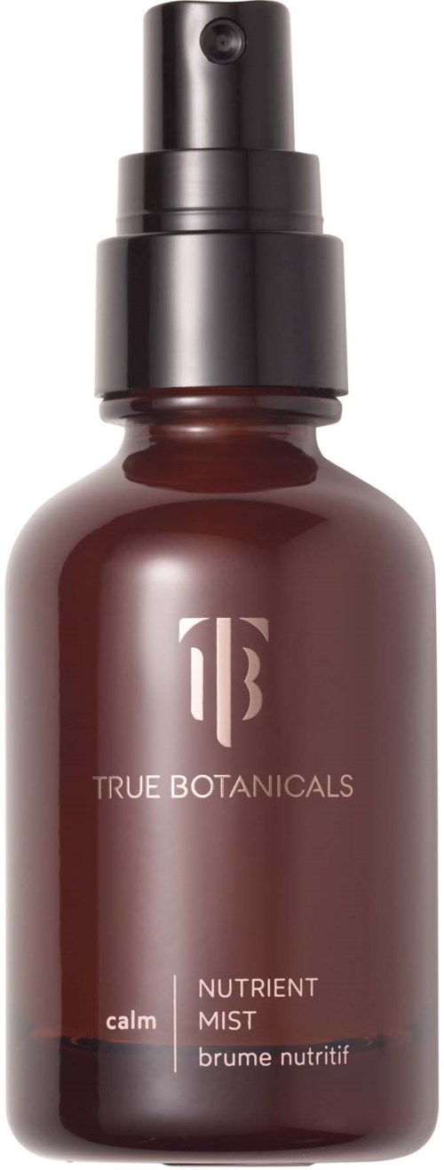 A brown spray bottle labeled 'TRUE BOTANICALS' with a black cap and spray nozzle.