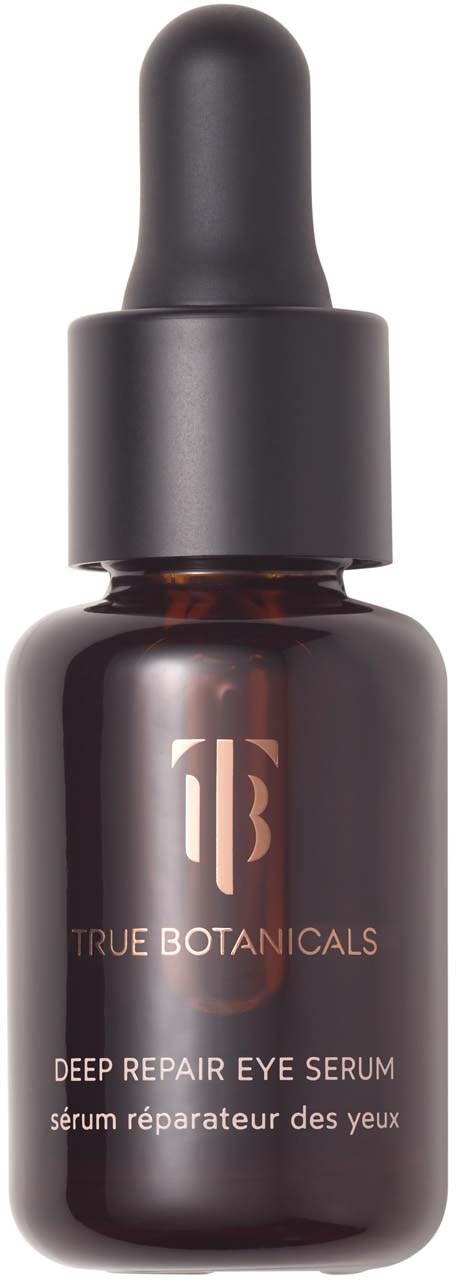 Mörkbrun flaska med pipett, märkt True Botanicals Deep Repair Eye Serum, med enkel text.