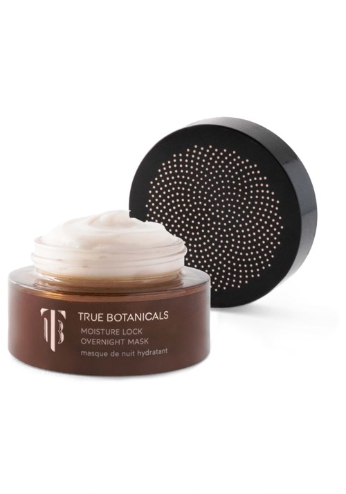Słoik z kremem i czarnym wieczkiem, oznaczony "True Botanicals Moisture Lock Overnight Mask."