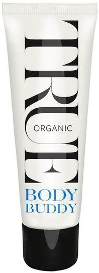 En hvit tube merket "Tropic Organic Body Buddy" med svart og blå tekst.