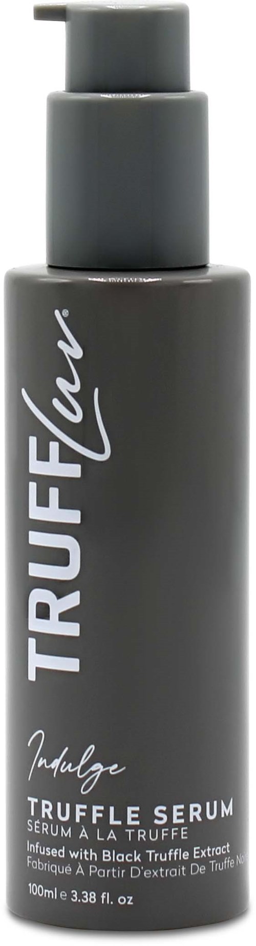 En grå flaska med pump märkt "TRUFFLELOVE" och "Indulge". Den innehåller tryffels serum med svarta tryffel extrakt.