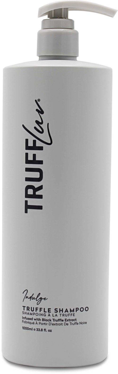 En vit flaska av Truffluxe Truffle Shampoo med pump, märkt med varumärke och produktinformation.
