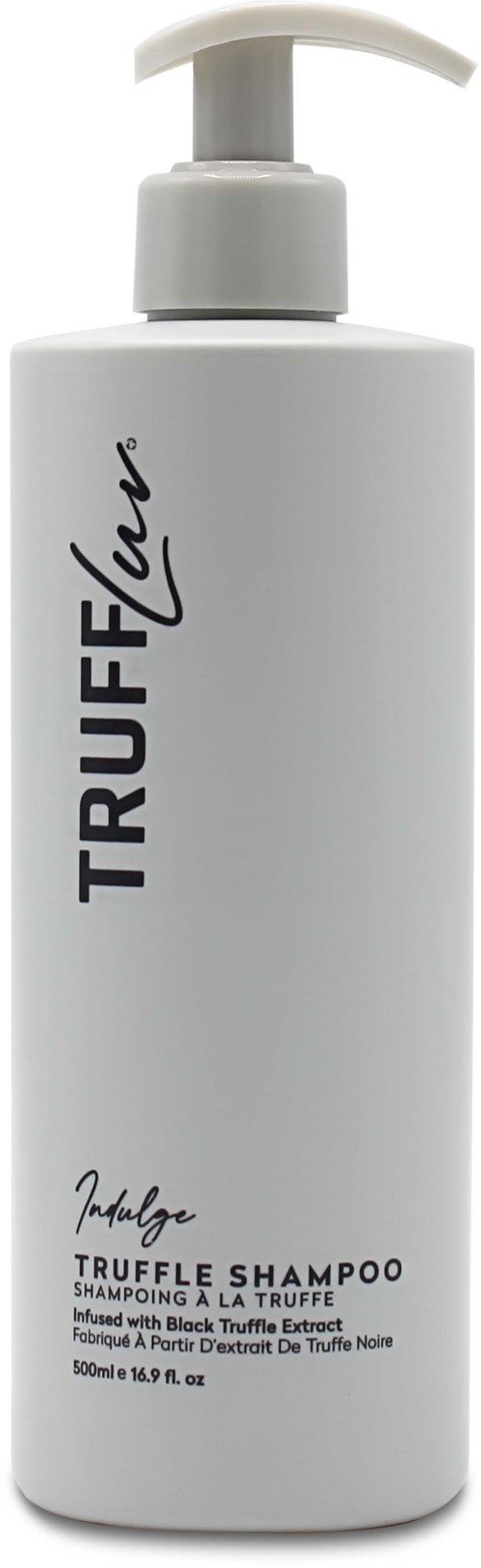 En vit flaska med pump, märkt 'TRUFEEL' och 'TRUFFLE SHAMPOO' för rengöring och vård av hår.