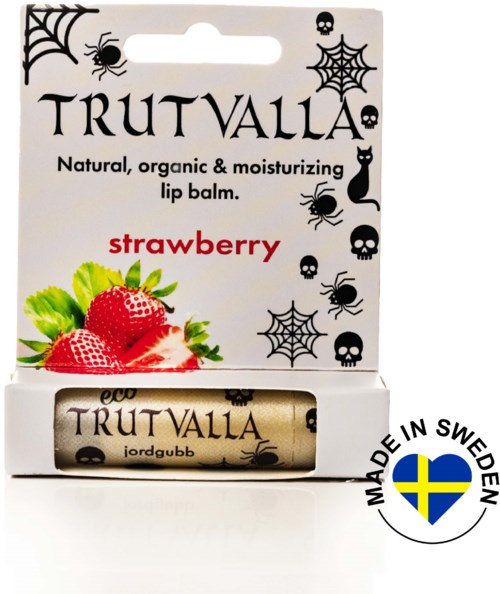 A natural, organic strawberry lip balm by Trutvalla, decorated with spider and skull illustrations, made in Sweden.