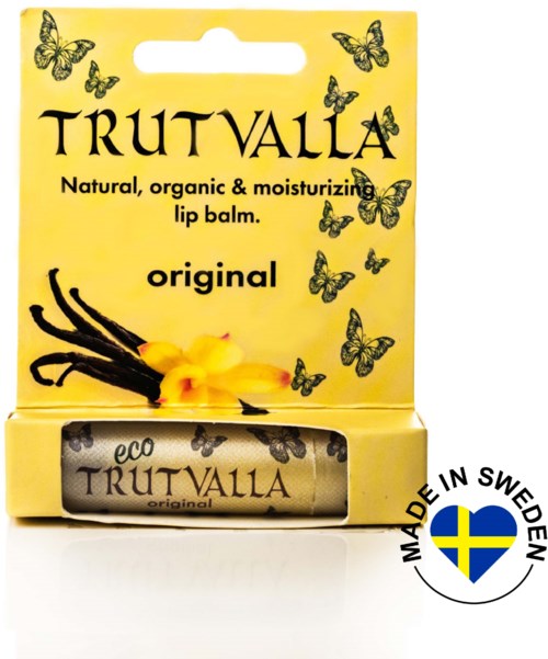 Gul pakke med svarte sommerfugler, vanilje og vaniljplante bilde, tekst om naturlig, økologisk leppepomade, laget i Sverige.