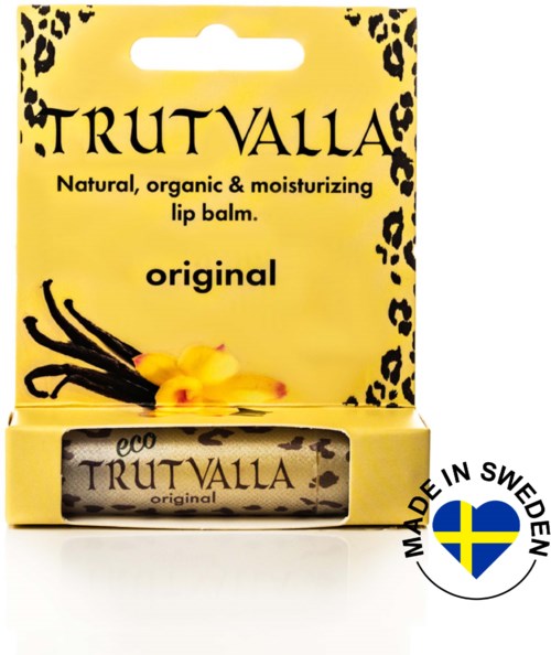 Gelbes Verpackung für natürlichen, biologischen und feuchtigkeitsspendenden Lippenbalsam mit Leopardmuster und in Schweden hergestellt.