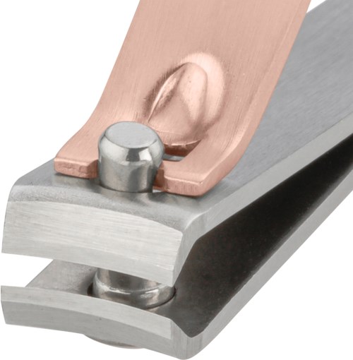 Close-up of a clamp holding two metal pieces together, one is copper-colored, the other is silver, with a bolt.