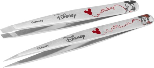 To spisepinner med Disney, Mickey Mouse og Minnie Mouse bilder og tekst i rødt og svart.