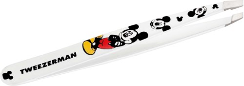 En hvit penn med tegneseriebilder av Mickey Mouse og Tweezerman-logoen.