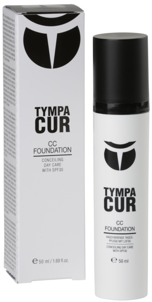 En flaska TYMIA CUR CC Foundation med SPF 30 bredvid dess förpackning, avsedd för daglig ansiktsvård och concealering.