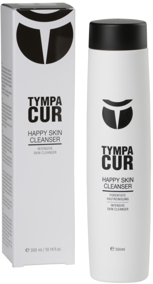 En vit flaska och förpackning med svart logo och text för 'Tympa Cur Happy Skin Cleanser'.