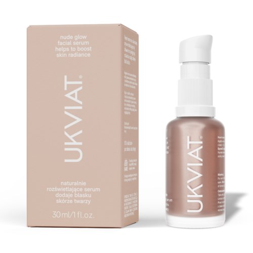Butelka i opakowanie serum do twarzy nude glow z informacjami o produkcie, poprawiające blask skóry.