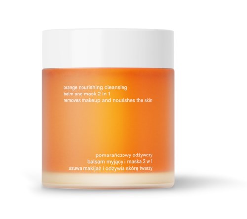 En rund burk med orange och vit färg, märkt som näringsgivande rengöringsbalsam och mask 2 i 1.