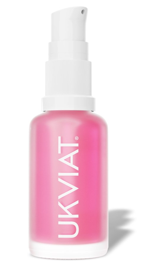 En rosa flaska med vit pump märkt 'UKVIAT'.