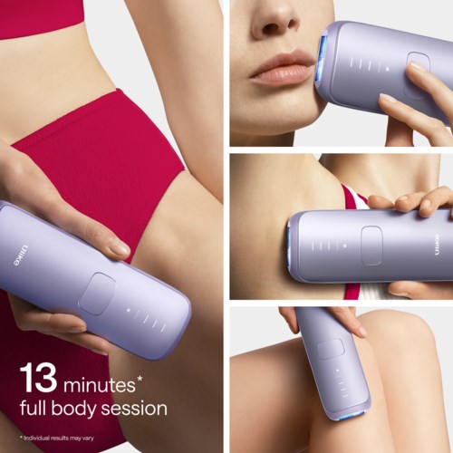 A person uses a purple device on various parts of the body for a full body session lasting 13 minutes.
