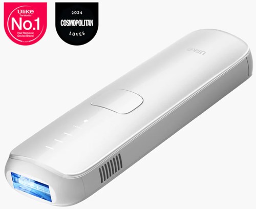 En vit enhet med ett blått ljus i ena änden, smal och böjd, erkänd som en UV-sterilisator.
