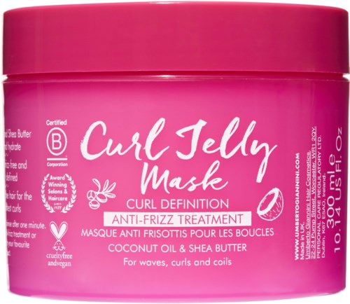 Pinkki purkki Curl Jelly Maskille, joka estää pörröisyyttä, sisältää kookosöljyä ja shea-vahaa, sopii aalloille, kiharoille ja kelalehtiin.