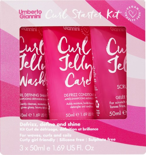 A pink and white packaging for curling gel and care products for hair, with three tubes inside.
