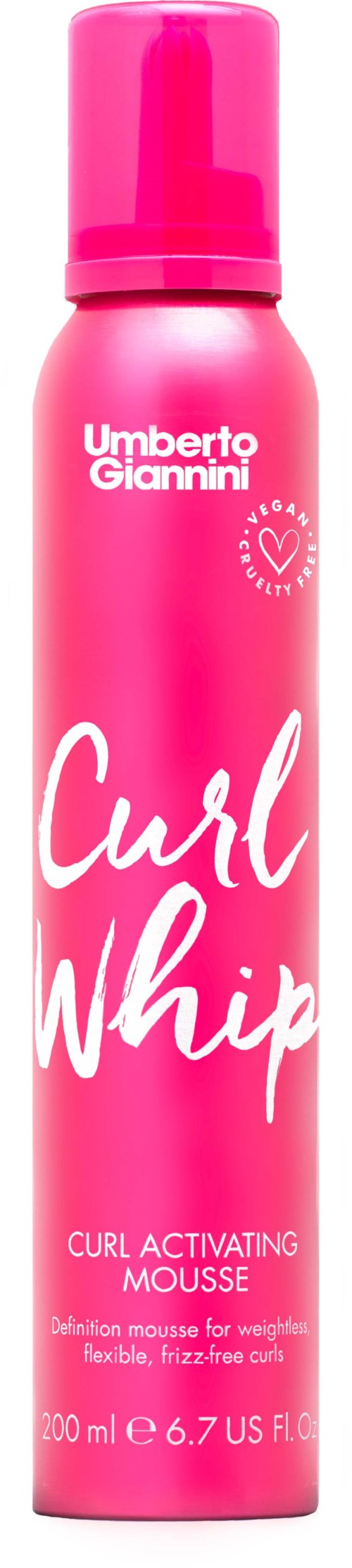 Pinkki pullo, jossa lukee 'Curl Whip' ja sisältää kiharat aktivoivaa vaahtoa.