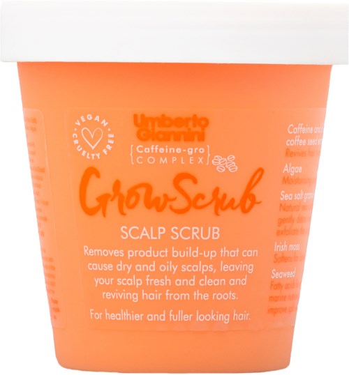 Pomarańczowy pojemnik na GrowScrub scrubb do skóry głowy, usuwa olej i suchą warstwę dla zdrowszych włosów.