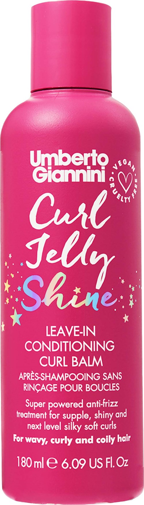 Eine rosa Flasche Umberto Giannini Curl Jelly Shine Leave-in Conditioner mit bunten Sternen und Text.