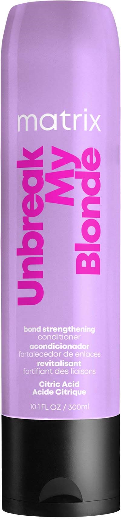 Lilla flaske av Matrix Unbreak My Blonde sjampo, med rosa og hvit tekst, og svart lokk.