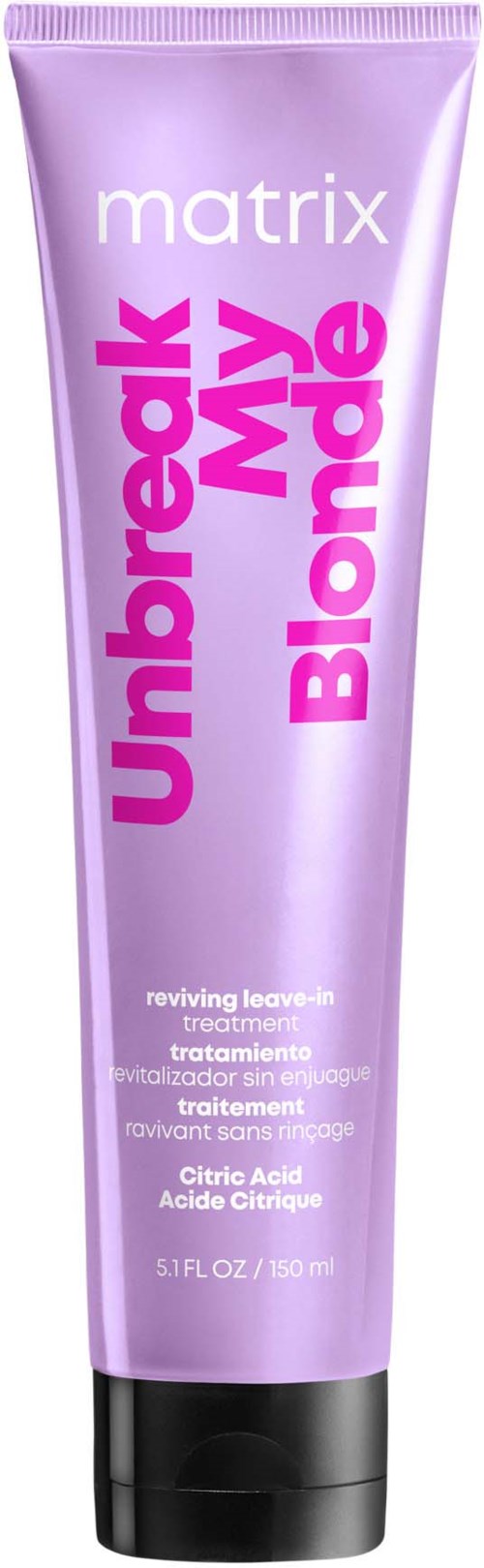 Lila hårbehandlingsrör märkt "Unbreak My Blonde" från Matrix med rosa och vitt text.