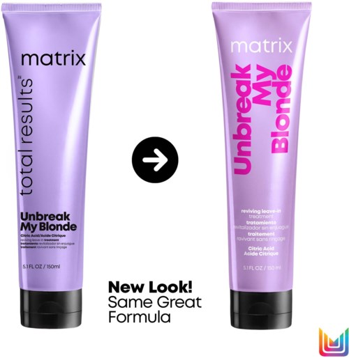 Två hårvårdsprodukter i lila tuber, den ena märkt "total results Unbreak My Blonde," den andra "Unbreak My Blonde," med ett nytt utseende.