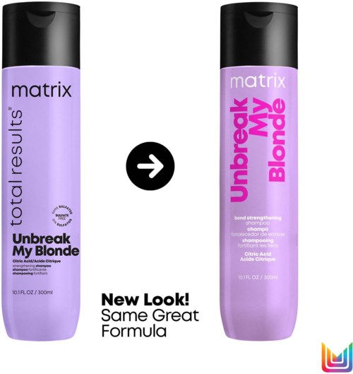 The shampoo bottle has a purple label, black cap, new label says 'Unbreak My Blonde,' same formula.