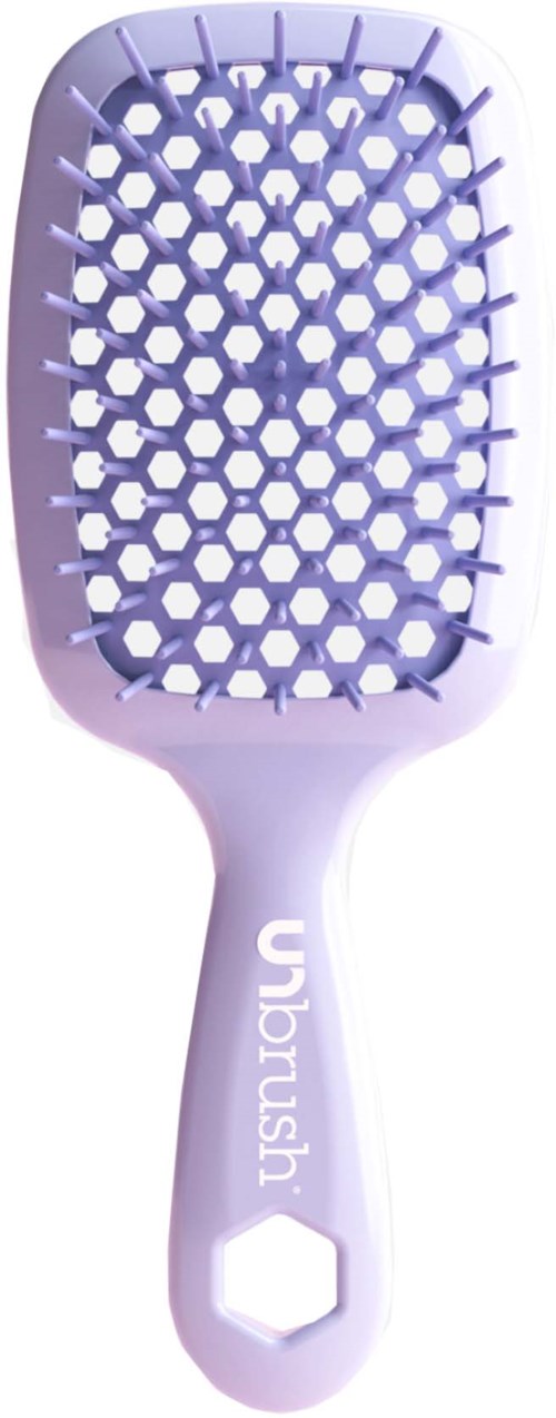 En lila hårborste med ventilerad design och vita borst, med varumärket Unbrush på handtaget.