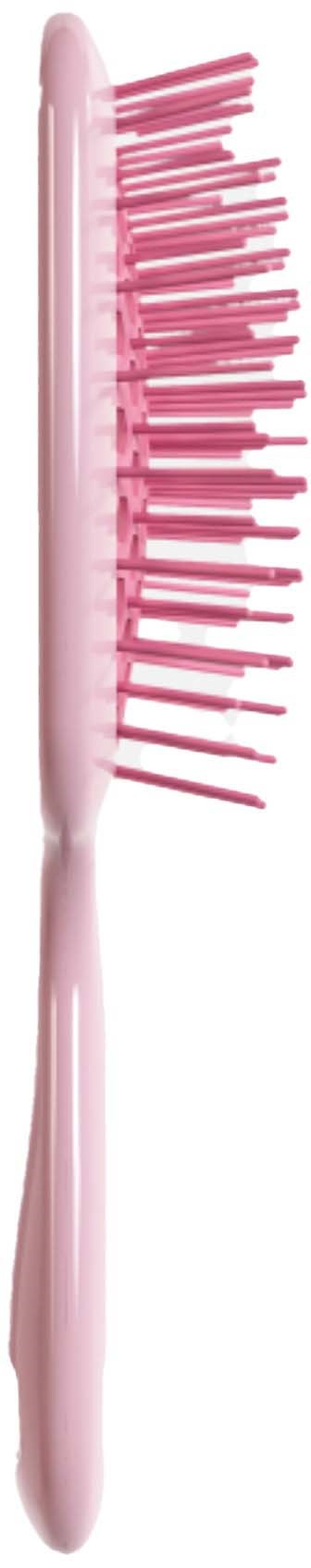 Rosa hårborste med flexibla tänder och ett långt handtag.