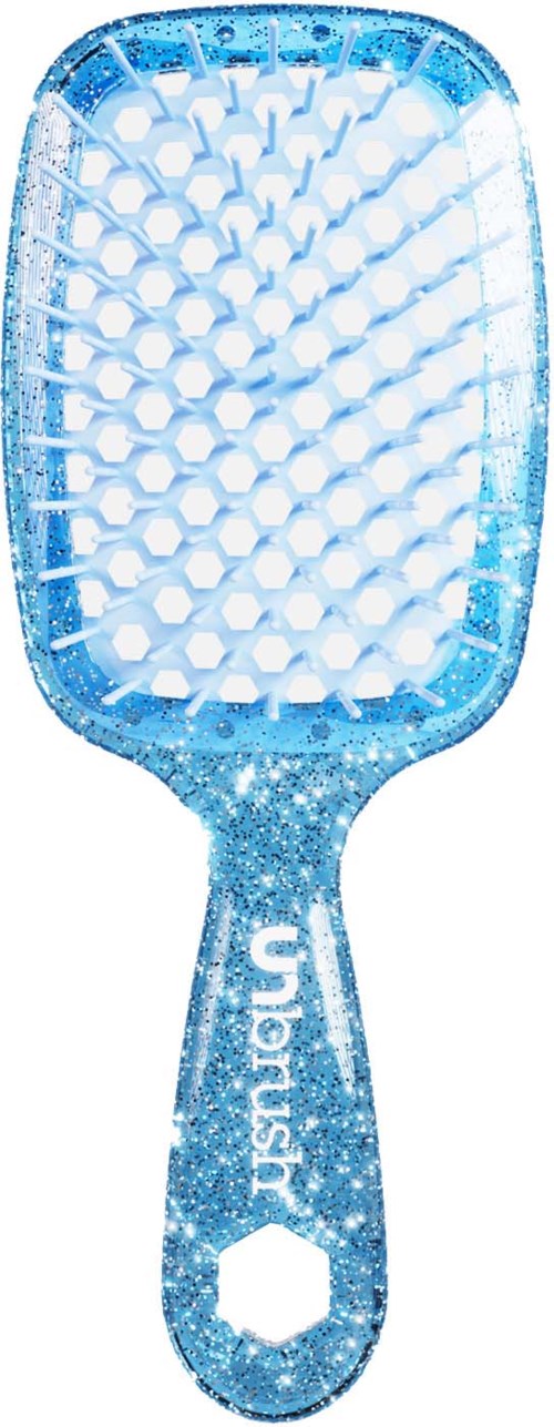Sininen glitter-harjapohja, jossa valkoinen pehmeä padi ja käsiosa, jossa lukee Ung Buc.