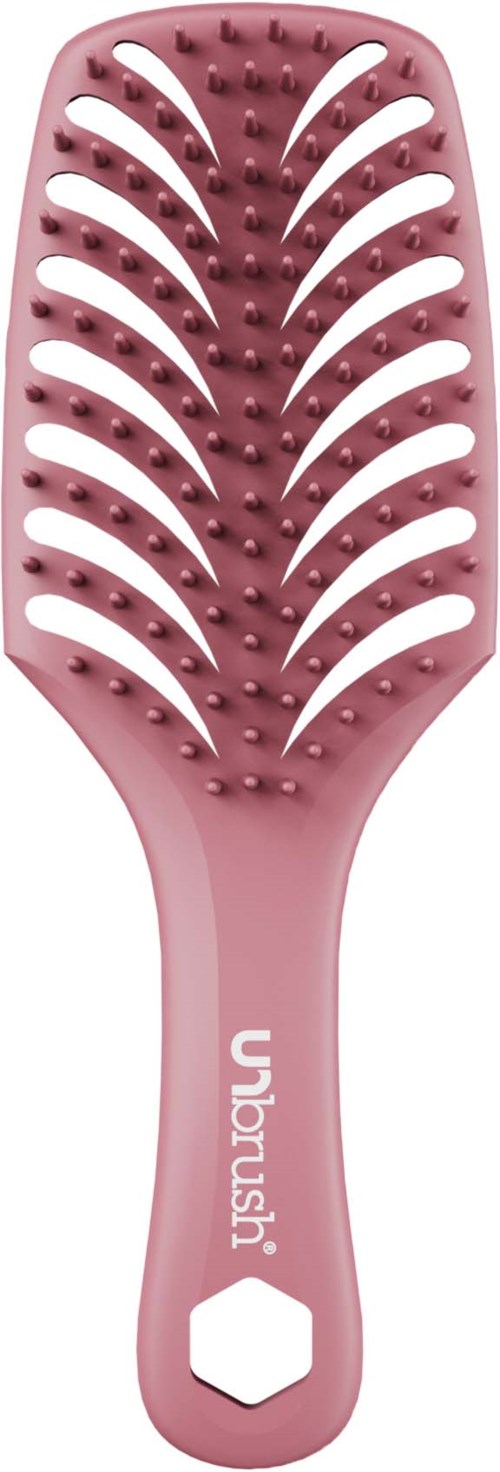 Rosafärgad hårborste med breda öppningar och små borst, handtag med varumärkesnamn Uplush och ett hexagonformat slut.