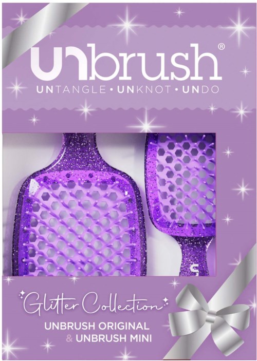 Violetti glitterharja ja mini-lukka pakkauksessa, jossa hohtava muotoilu ja hopeinen rusetti.