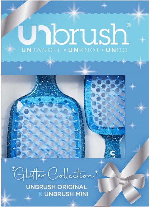 Unbrush Glitter Collection -pakkaus, jossa on siniset harjat ja hopeanauha.