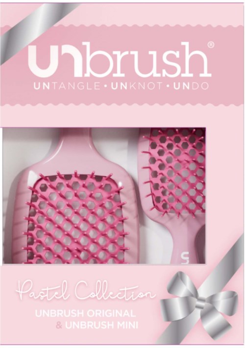 Unbrush vaaleanpunainen päänahan hierontalaite ja harja Pastel Collection -kotelossa, jossa silmänauha.