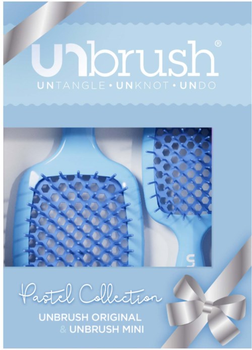 Unbrush Pastel Collection -pakkaus, sisältää hiusharjan ja miniharjan, pastellinsininen ja teksturoidut kahvat.