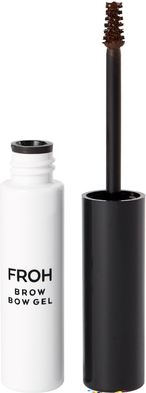 Valkoinen pullo mustalla korkilla ja harjalla. Etiketti sanoo Froh Brow Bow Gel.