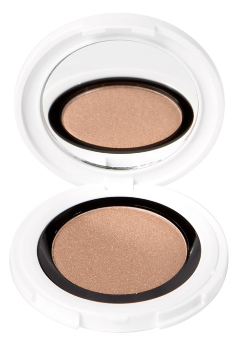 Ein runder Compact mit beigem Puder, geöffnet mit Spiegel im Deckel.