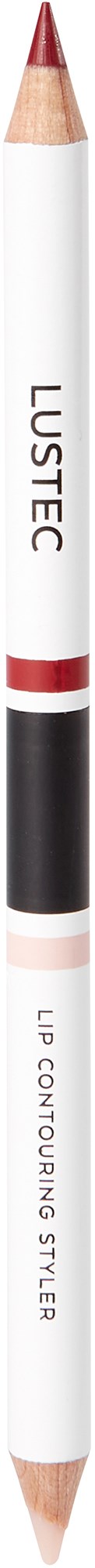 En vit läppkonturpenna med röda och svarta detaljer, märkt 'LUSTRE' och 'LIP CONTOURING STYLER'.