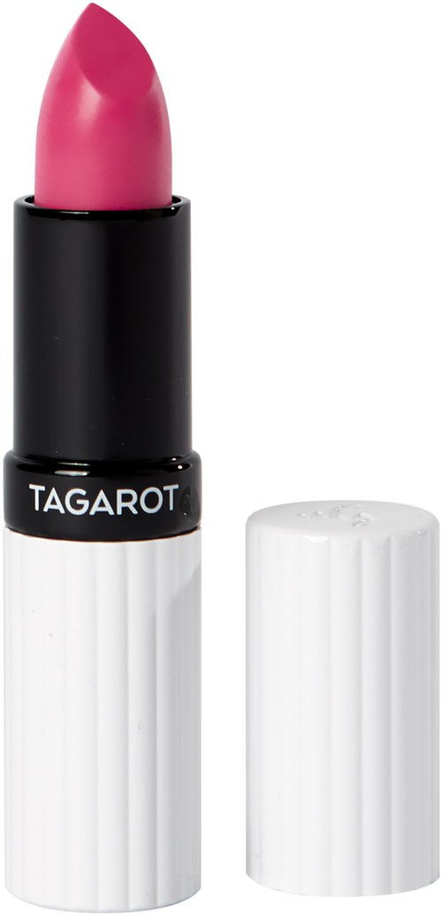 Vaaleanpunainen huulipuna, jossa on musta ja valkoinen raidallinen putki ja kiinnike, merkinnällä 'TAGAROT'.
